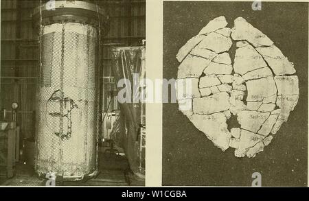 Archive image from page 64 of Design for implosion of concrete. Design for implosion of concrete cylinder structures under hydrostatic loading . designforimplosi00hayn Year: 1979  Figure B-8. Post-implosion view of specimen 1-1 (t/D = 0.024, sim- ple support). Figure B-9. Fragments of failure hole from specimen 1-1. Stock Photo