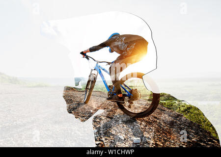 Double exposure of a man in protective helmet and professional cyclist riding on the mountains. Concept of a freeride and off road cycling Stock Photo