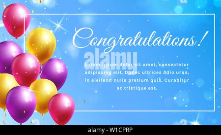 Congratulation banner with colorful balloons and space for text. Vector template. Stock Vector