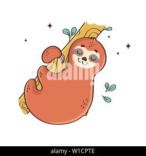 Sloth sleeping on the tree. Cute vector illustration isolated on white background. Stock Vector