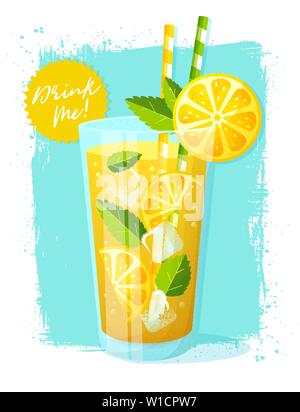 Poster with lemonade. Vector illustration with glass of refreshing summer drink with lemon slices, ice cubes and mint leaves on grunge background. Stock Vector