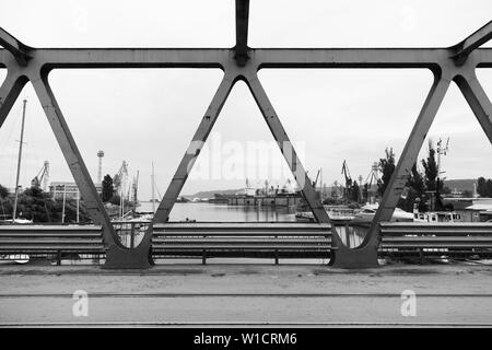 Truss bridge fragment. Abstract steel construction black and white photo Stock Photo
