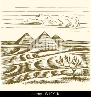 Egyptian pyramids in the desert Stock Vector