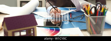 Workman Drafting Building Reconstruction Project Stock Photo