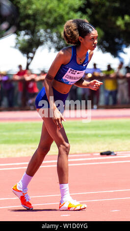 Stanford, CA. 30th June, 2019. Vashti Cunningham prepare for her attempt at the Women's High Jump during the Nike Prefontaine Classic at Stanford University Palo Alto, CA. Thurman James/CSM/Alamy Live News Stock Photo