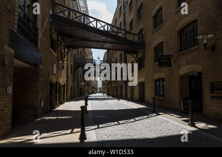 Shad Thames is a historic riverside street next to Tower Bridge in Bermondsey and is also an informal name for the surrounding area in London