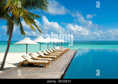 Large infinity pool on the shores of the Indian Ocean with sunbeds and umbrellas in the shade of the palm trees Stock Photo