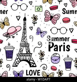 Seamless pattern Summer Paris with Eiffel Tower and butterfly. Vector hand drawn sketch isolated Stock Vector