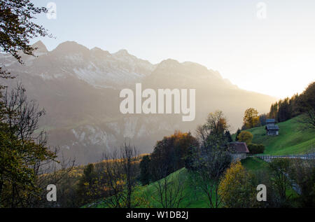 Bautiful Sunset in alps mountains by Brunigpass, nearby Brunig (Bruenig, Brünig), lake of Brienz, Lungern. Switzerland, Canton Bern, Obwalden Stock Photo