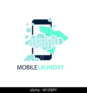 Online mobile laundry vector logo design. Laundry calling from mobile phone Stock Vector