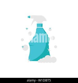 Cleaning spray bottle with bubbles isolated on white background. Cleaning service logo, laundry detergent and disinfectant products Stock Vector