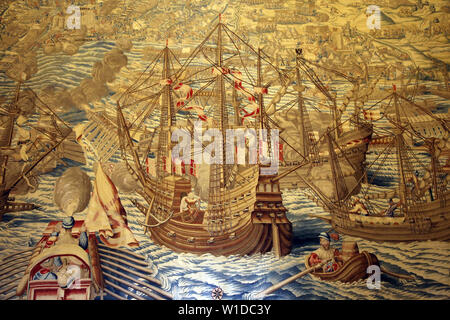 Spain. Seville. Royal Alcazars. Tapestry. N¼. VII. Conquest of Tunis, 1535. Bombardament of La Goletta, Port of Tunisia. Stock Photo