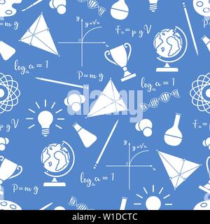 Vector seamless pattern with scientific, education elements: globe, formulas, flasks, molecules, atom, DNA, function graph, pencil, triangle. Design f Stock Vector