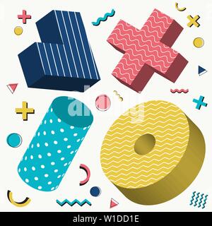 Abstract 3D objects design memphis style pattern with colorful geometric elements on white background. Vector illustration Stock Vector