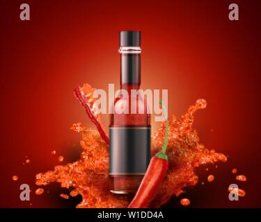 Hot sauce product with blank label in 3d illustration on red background Stock Vector