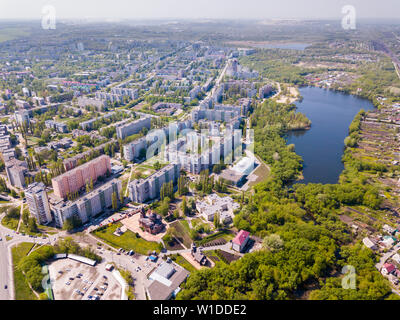 View from drone of  Stary Oskol city with Alexander Nevsky Cathedral  at summer day,  Russia Stock Photo