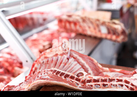 Meat prepared for sale in butcher’s shop Stock Photo