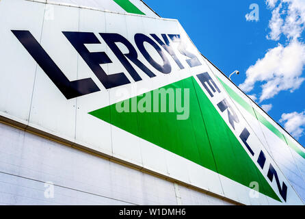 Samara, Russia - June 22, 2019: Leroy Merlin brand sign against blue sky. Leroy Merlin is a French home-improvement and gardening retailer Stock Photo