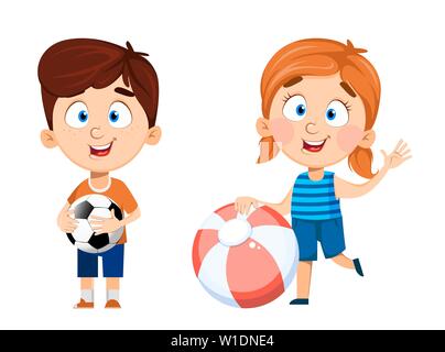 Boy and girl cartoon characters, set of two poses. Cute funny children with soccer ball and inflatable ball. Fun concept. Happy kid. Colorful vector i Stock Vector