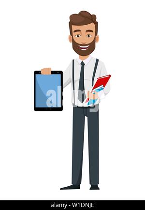 Business man cartoon character. Handsome bearded businessman holding tablet and documents. Vector illustration Stock Vector