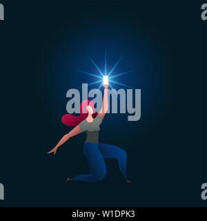 Beautiful girl holds up a shimmering phone. Woman is holding the phone above. Vector concept illustration. Stock Vector