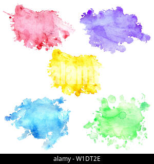 Set of 5 watercolor blots with splashes and stains. Watercolor spots of yellow, purple, blue, green and red flowers. Isolated blots on a white backgro Stock Photo