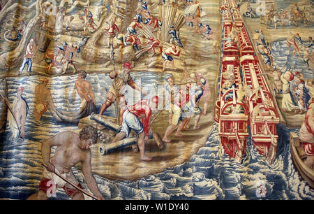 Spain. Seville. Royal Alcazars. Tapestry. N¼ XII. Conquest of Tunis, 1535. Re-embarked of La Goletta, Port of Tunisia. Stock Photo