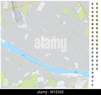 street map of downtown Florence with pin pointers and infrastructure icons Stock Vector