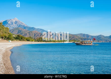 Traditional Turkish ship Gulet in Cirali bay in Turkey Stock Photo