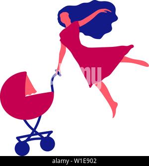 Woman with baby carriage. Mom is flying, straightened one arm like a wing. The other hand is holding a pram. Vector illustration. Stock Vector