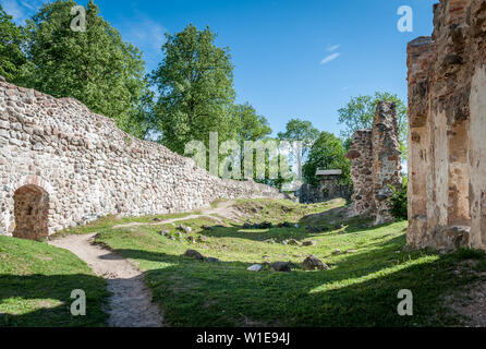 Ancient ruins of a knight's castle in Dobele, Latvia. Livonian order. Stock Photo