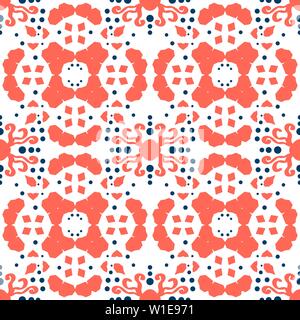 Seamless tile. Ornament in red (coral) and blue colors. Tile for floor, ceiling, wall, bathroom, kitchen, living room, vinyl surface, napkin, paper, e Stock Vector