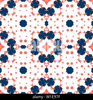 Seamless tile. Ornament in red (coral) and blue colors. Tile for floor, ceiling, wall, bathroom, kitchen, living room, vinyl surface, napkin, paper, e Stock Vector