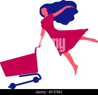 Girl flies to the sale. A woman flies holding a shopping cart (shopping trolley) in her hand. Element for discounts, sales and promotions. Retro style Stock Vector