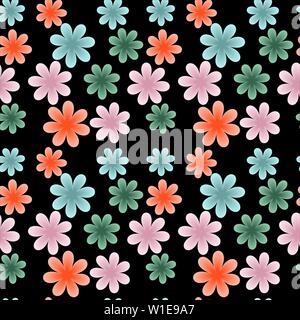 Flower buds - seamless pattern. Multicolored buds (gradient color) on a black background. Stock Vector