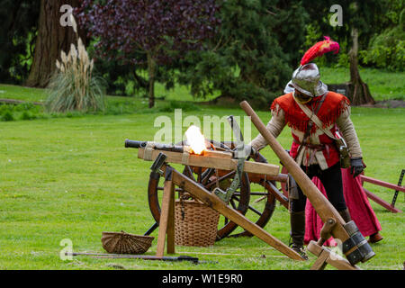 Man in medieval costume with a cannon Stock Photo