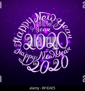 2020 New Year. Handwritten decorative words. Vector illustration. Blue and purple glow greeting card Stock Vector