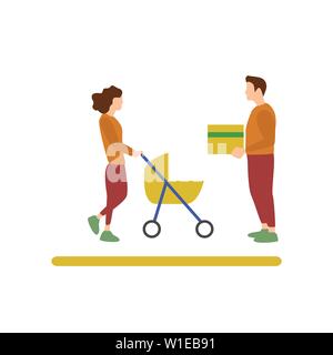 Flat Design Character of a Man Giving a Gift to a Woman with Stroller, Human Activities Gift Stock Vector