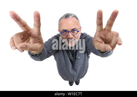 man making the victory sign on a white background Stock Photo