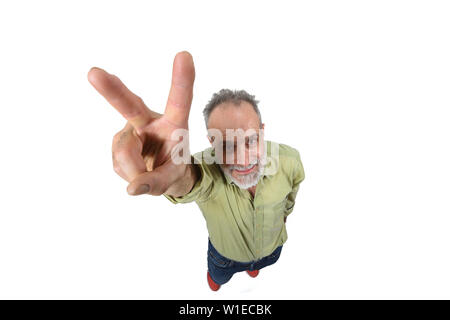 man making the victory sign on a white background Stock Photo