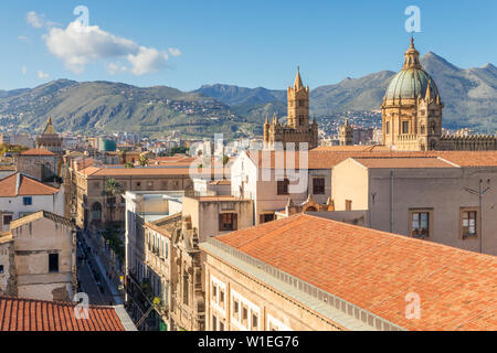 View from Santissimo Salvatore Church over the old town and the Palermo Cathedral, Palermo, Sicily, Italy, Europe Stock Photo