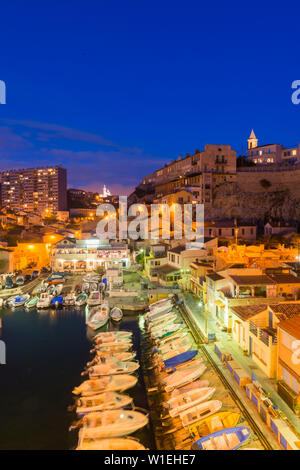 Port Du Vallon Des Auffes at night, Marseille, Bouches du Rhone, Provence, Provence-Alpes-Cote d'Azur, France, Mediterranean, Europe Stock Photo