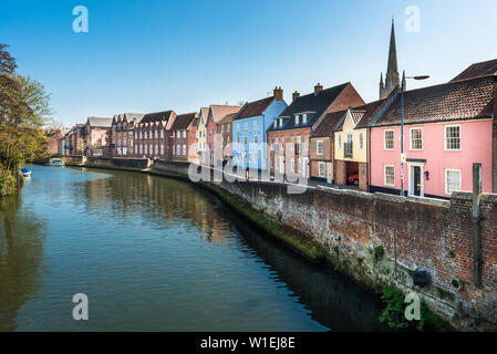 Colourful houses on the Quayside along the River Wensum, Norwich, Norfolk, England, United Kingdom, Europe Stock Photo
