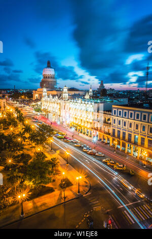 The Gran Teatro de La Habana and El Capitolio at dusk, Havana, Cuba, West Indies, Caribbean, Central America Stock Photo