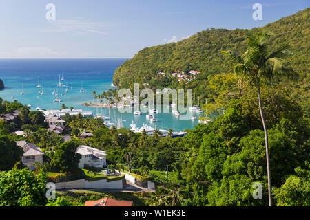 View over the village and harbour to the Caribbean Sea, Marigot Bay, Castries, St. Lucia, Windward Islands, Lesser Antilles, West Indies, Caribbean Stock Photo