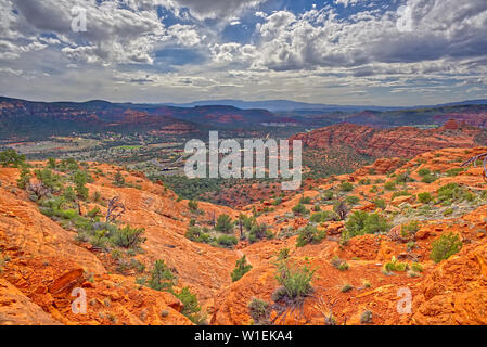 A view of western Sedona from a cliff on the south side of Cathedral Rock, Sedona, Arizona, United States of America, North America Stock Photo