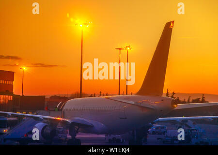 Commercial airplane parked in airport park at sunset, refuelling in taxi mode, United States of America, North America Stock Photo