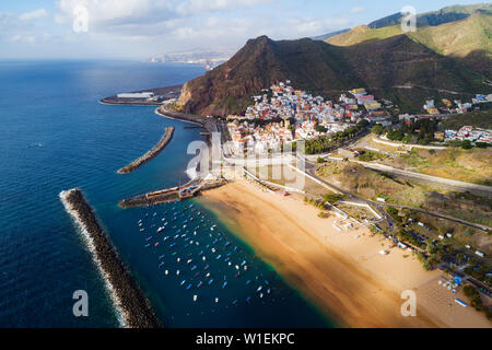 Aerial drone view of Playa de las Teresitas, San Andres, Tenerife, Canary Islands, Spain, Atlantic, Europe Stock Photo