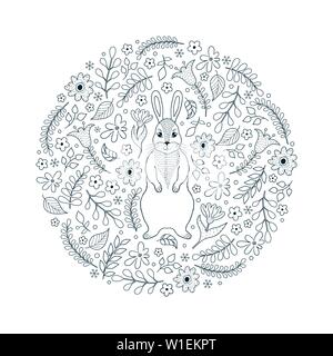Hand drawn pattern with cat and flowers on white background Stock Vector