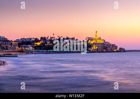 View of ancient Arabic seaport of Jaffa at dusk, Tel Aviv, Israel, Middle East Stock Photo